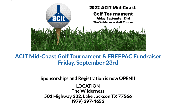 Register Now for the 2022 ACIT Texas Chemical Council Mid-Coast Golf Tournament Sept 23 – Lake Jackson