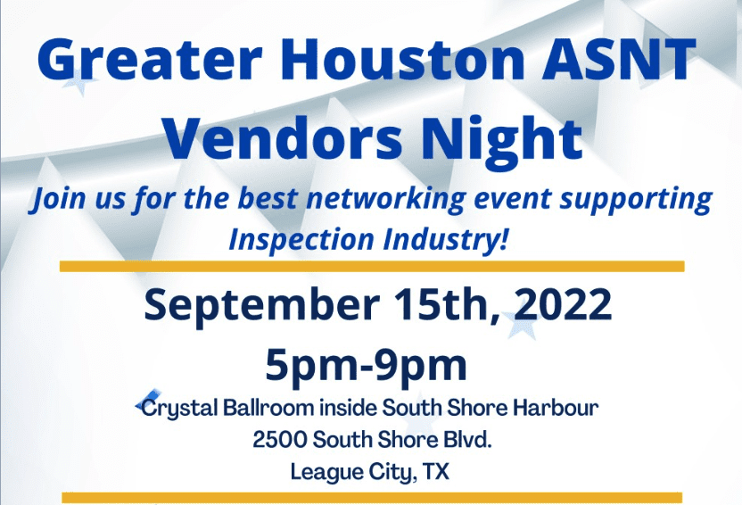 Greater Houston ASNT 2022 Vendor Night Sept 15th – League City, TX