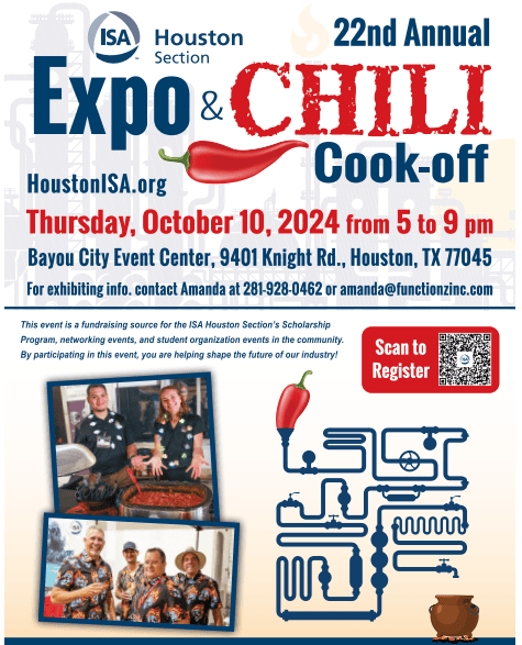 Sign Up Today for the ISA Houston Section Expo & Chili Cook Off on October 10th, 2024 – Houston, Texas