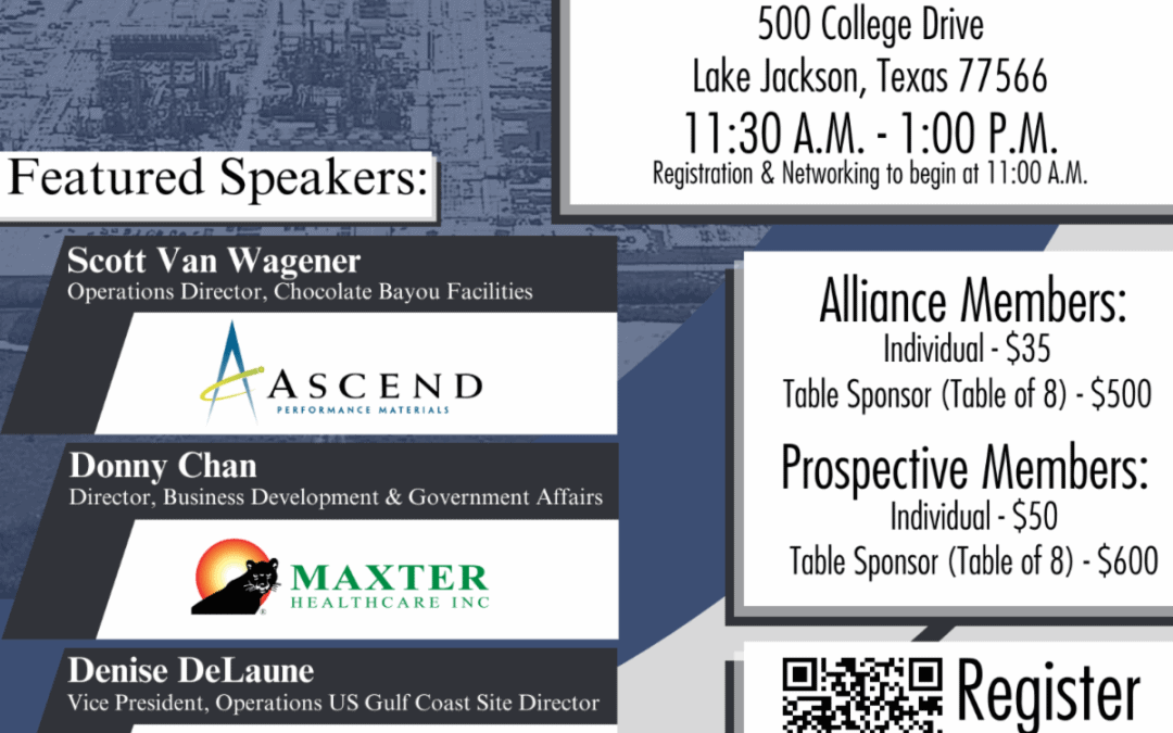 Register now for “The Alliance” Economic Development Alliance for Brazoria County Industry Update July 18, 2024 – Lake Jackson