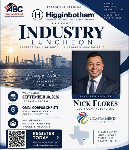 Register Now for the Associated Builders and Contractors Texas Coastal Bend RGV Council (ABC-TCB) September Luncheon – Sept 30, 2026 – Corpus Christi, TX