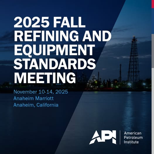 Register Now for the API 2025 Fall Refining and Equipment Standards Meeting – November 10-14, 2025 – Anaheim, CA