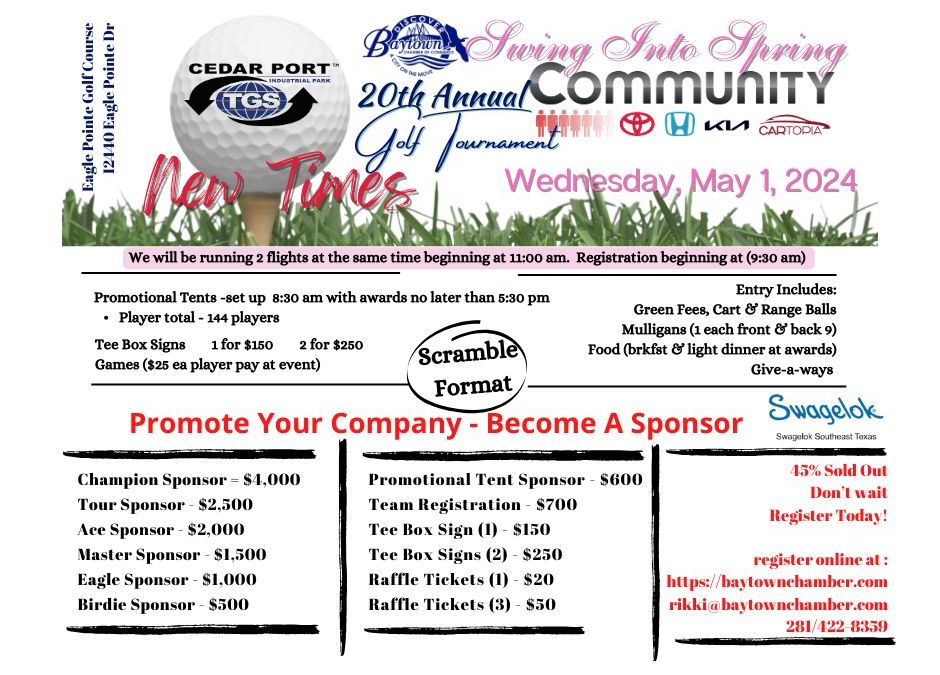Register Now for the Baytown Chamber of Commerce 20th Annual Golf Tournament May 1, 2024 – Mont Belvieu