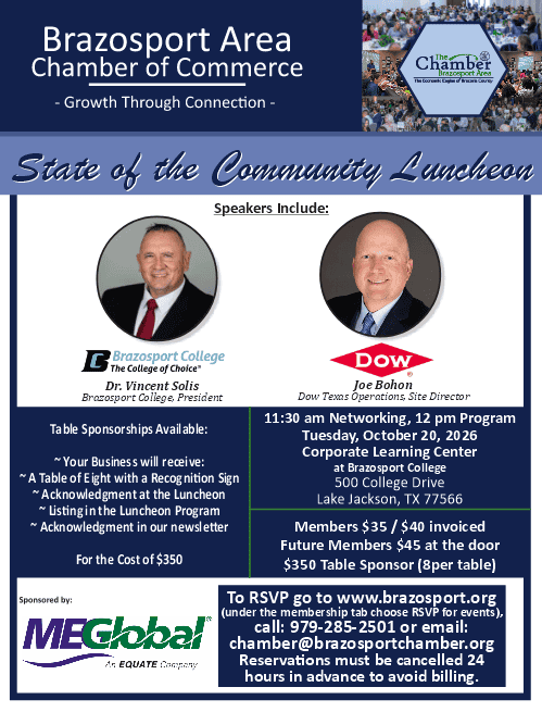 Register Now for the Brazosport Area Chamber of Commerce State of the Community Luncheon – Oct 20, 2026 – Lake Jackson, TX