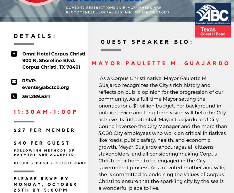 ABC TX Coastal Bend October Luncheon with Corpus Christi Mayor Guajardo