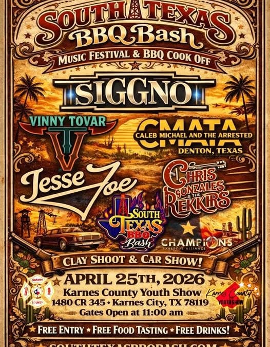 Register Now for the South Texas BBQ Bash Music Festival and BBQ Cook Off – April 25, 2026 – Karnes City, TX