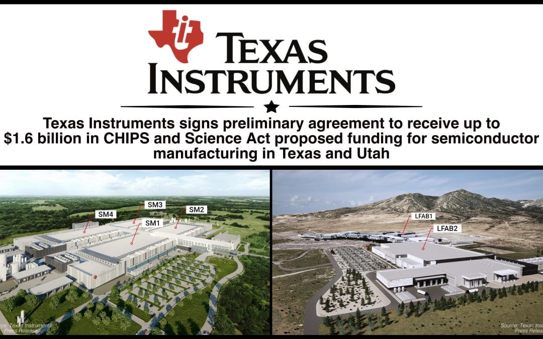 Texas Instruments signs preliminary agreement to receive up to $1.6 billion in CHIPS and Science Act proposed funding for semiconductor manufacturing in Texas and Utah