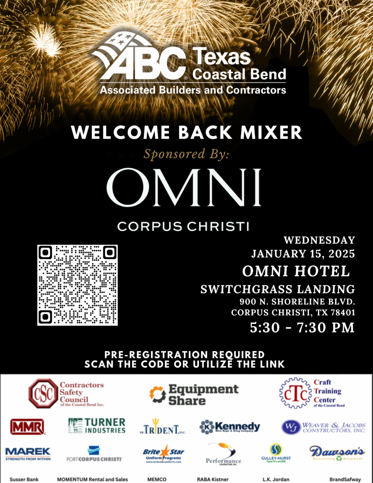 Resgister Now for the ABC Texas Coastal Bend 2025 Welcome Back Mixer Sponsored by Omni - January 15 - Corpus Christi, TX