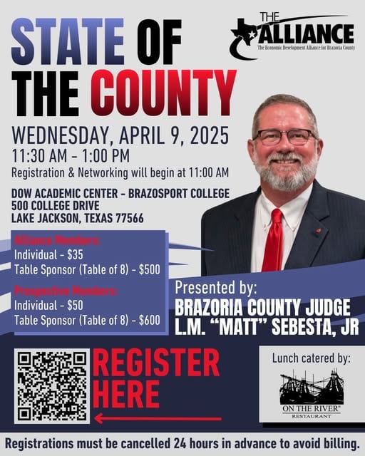 Register now for the The Economic Development Alliance for Brazoria County State of the County Luncheon April 9, 2025 – Lake Jackson